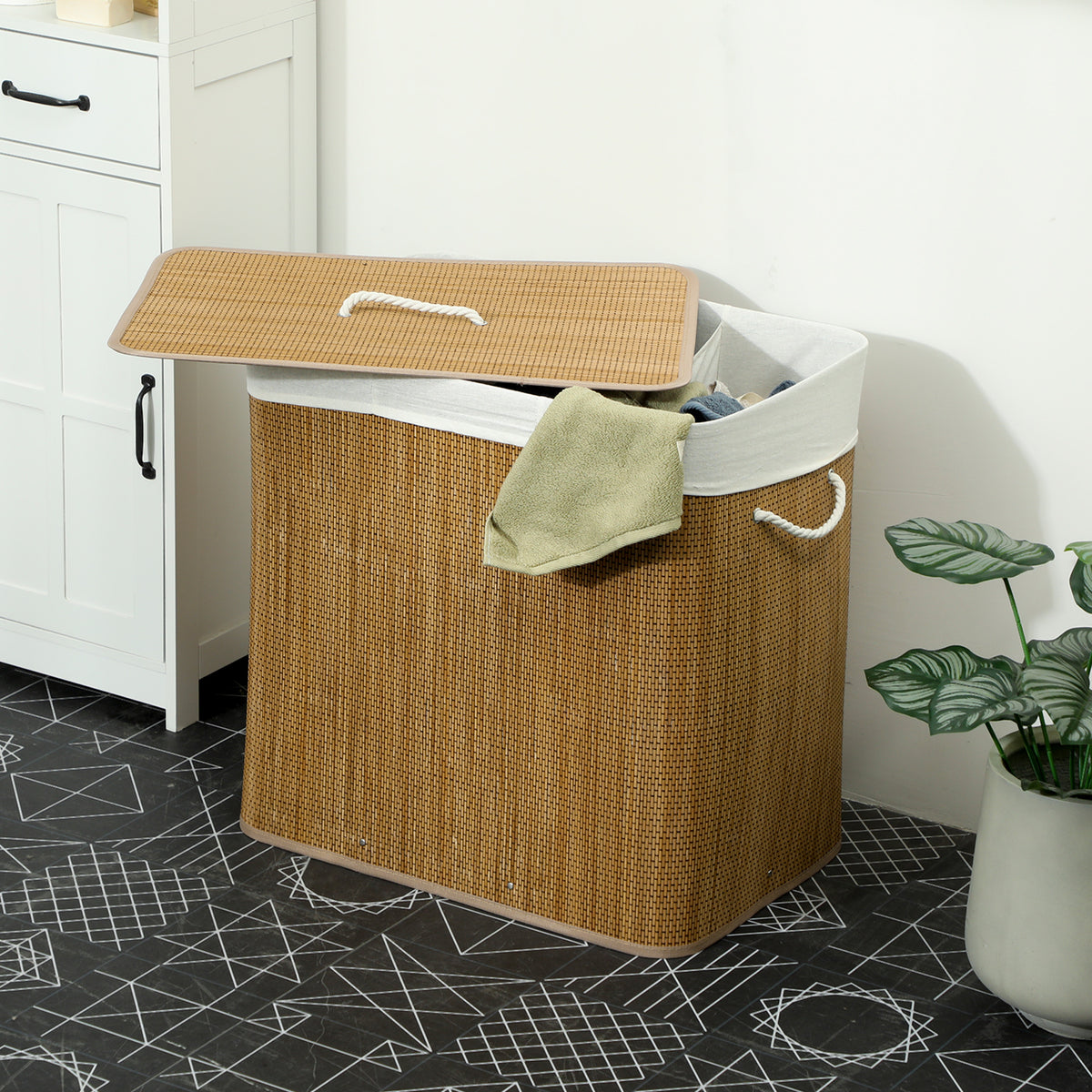 Panier à linge à trois compartiments avec couvercle, panier à linge en bambou 144 L avec poignées en corde-9