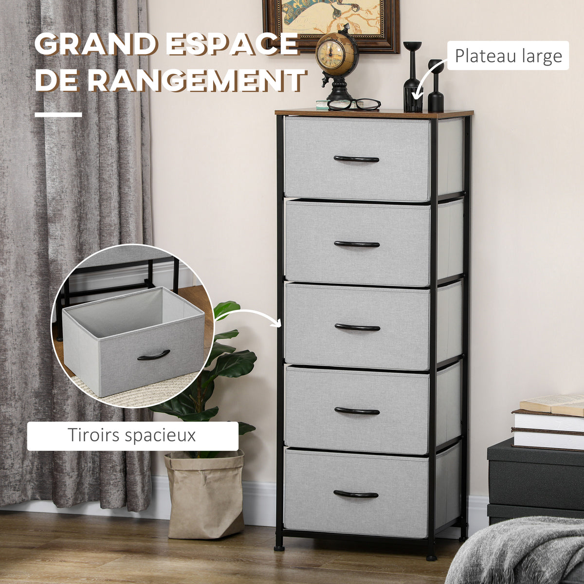Commode 5 tiroirs meuble de rangement tiroir en tissu pliant - structure acier noir - 45 x 30 x 116 cm gris-3