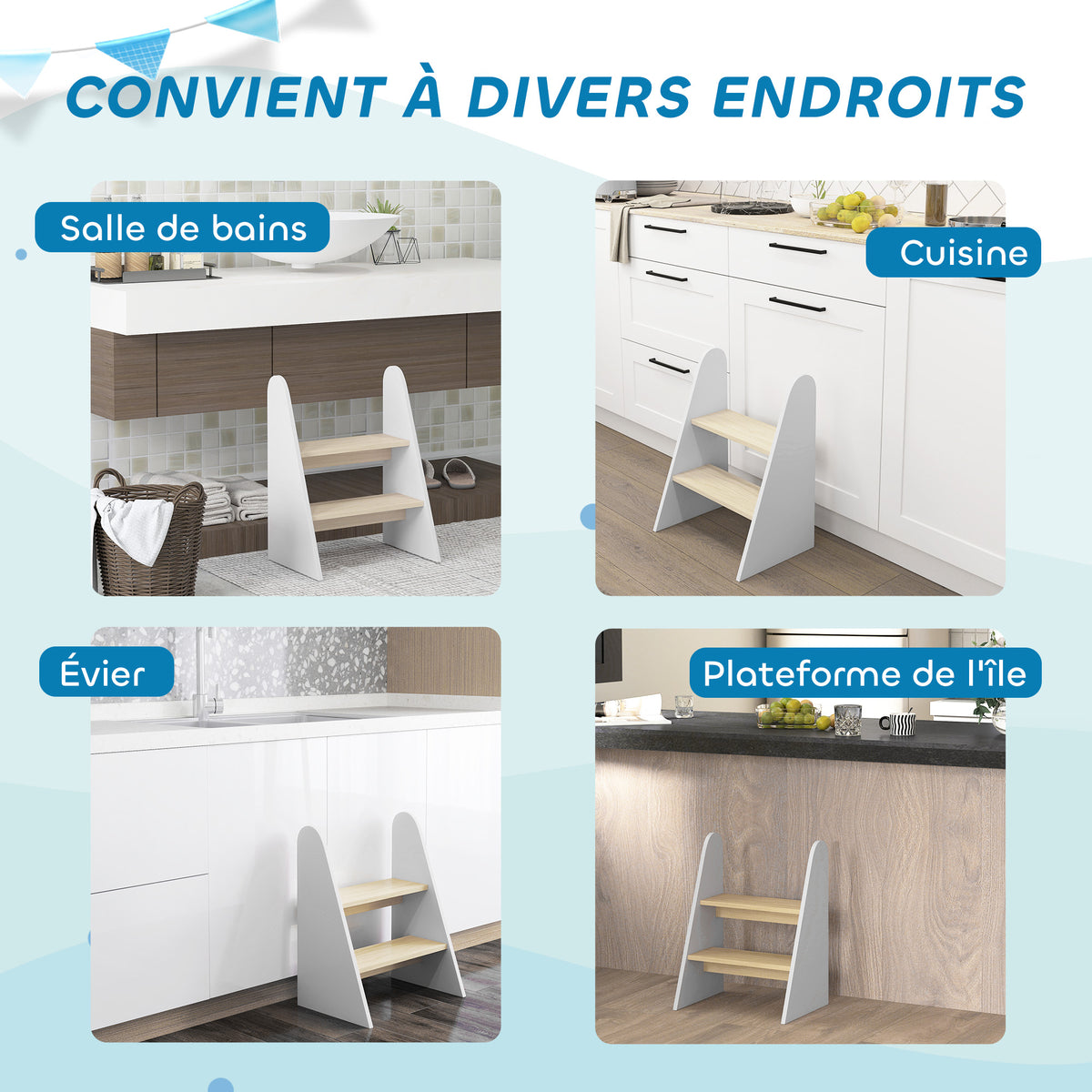 Marche pied enfant marchepied enfants 2 marches pour enfants 3 à 8 ans en bois charge max. 20 kg blanc-3