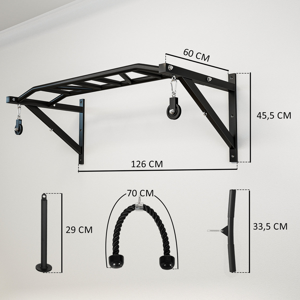 Barre de traction murale barre de fitness multi-prise système de poulie à câble charge 200kg, acier 126x60x45,5cm, noir-2