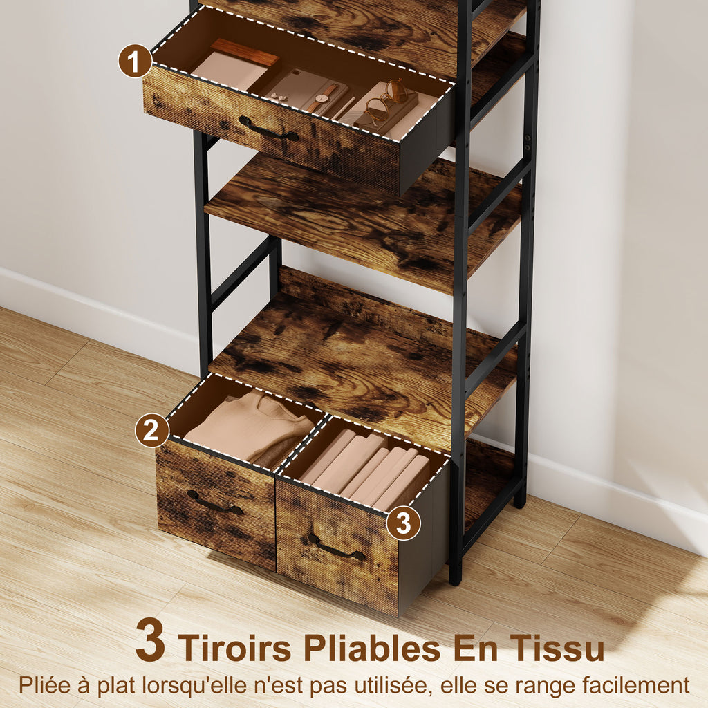 Bibliothèque étagère de rangement à 6 niveaux avec 4 étagères, 3 tiroirs en tissu, 60x30x176cm, brun rustique-4