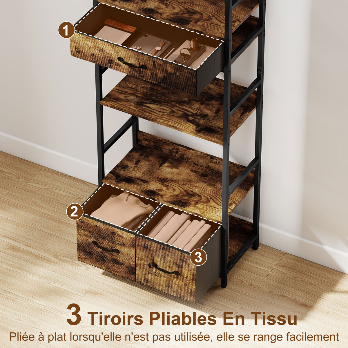 Bibliothèque étagère de rangement à 6 niveaux avec 4 étagères, 3 tiroirs en tissu, 60x30x176cm, brun rustique-4