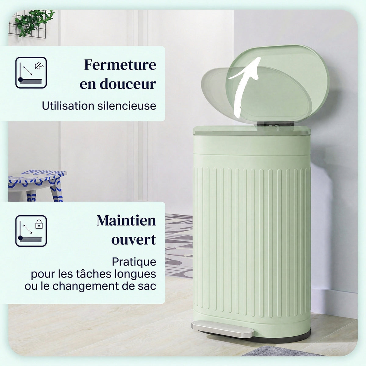Poubelle de cuisine poubelle à pédale 30L couvercle à fermeture douce seau intérieur amovible 36,5 x 31,2 x 60,8 cm vert-4