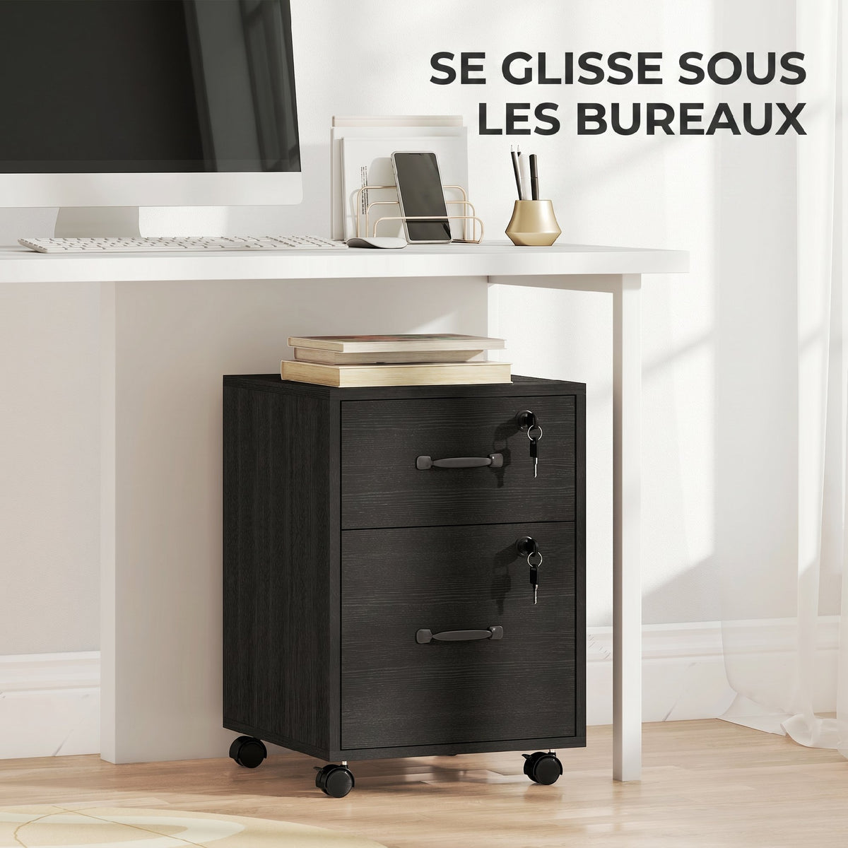 Caisson bureau mobile à 2 tiroirs, meuble rangement bureau sur roulettes pour documents suspendus format lettre, noir-6