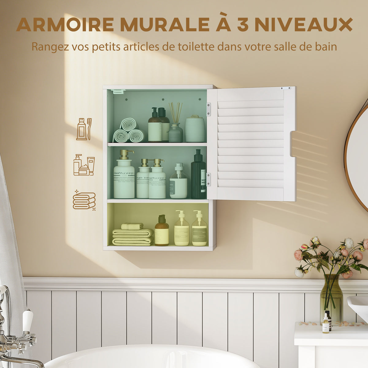 Armoire murale de salle de bain avec porte à lattes, étagère réglable et compartiment ouvert, 40x20x60cm, blanc-3