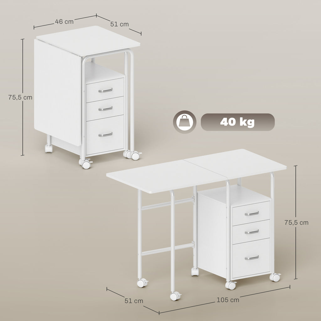 Bureau d'ordinateur pliable sur roulettes, bureau avec rangement, 3 tiroirs, plateau extensible, 105x51x75,5cm, blanc-2