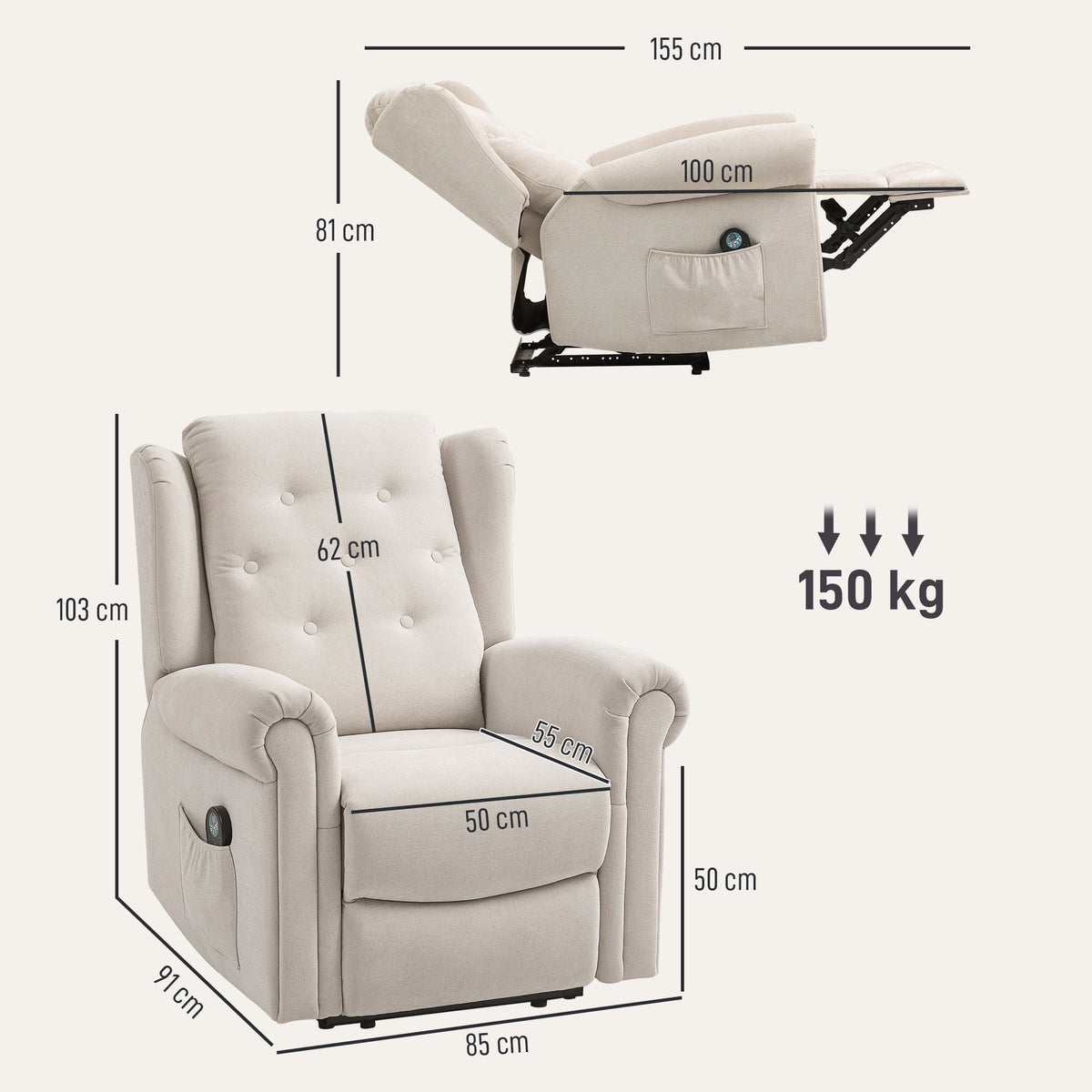 Fauteuil relax massant et chauffant avec dossier et repose-pieds réglable manuellement, poche latérale, beige-2
