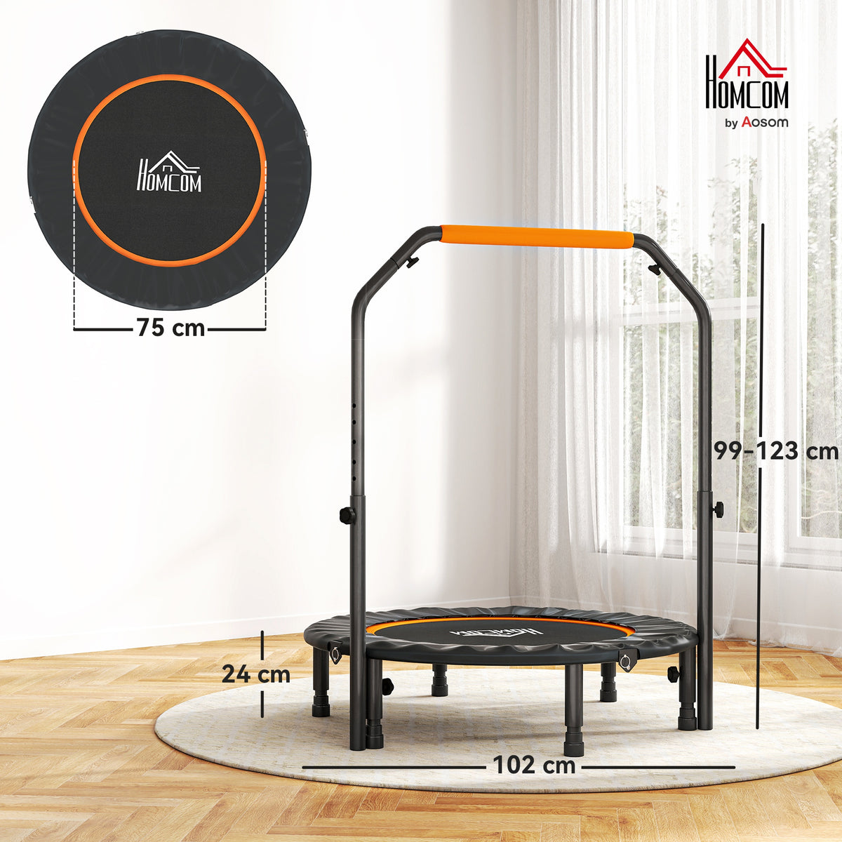 Trampoline de fitness gymnastique avec poignée réglable, pliable, 6 pieds, 28 ressorts Ø 102 cm, noir orange-2