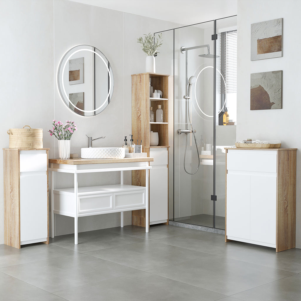 Meuble de salle de bain, meuble de rangement, tiroir et placard double porte, 60x30x90cm, blanc et effet bois naturel-1
