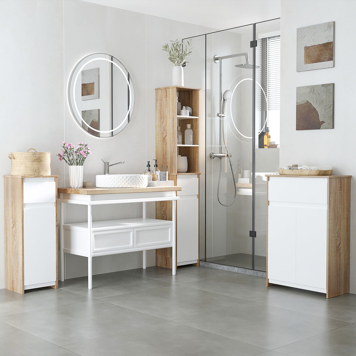 Meuble de salle de bain, meuble de rangement, tiroir et placard double porte, 60x30x90cm, blanc et effet bois naturel-1