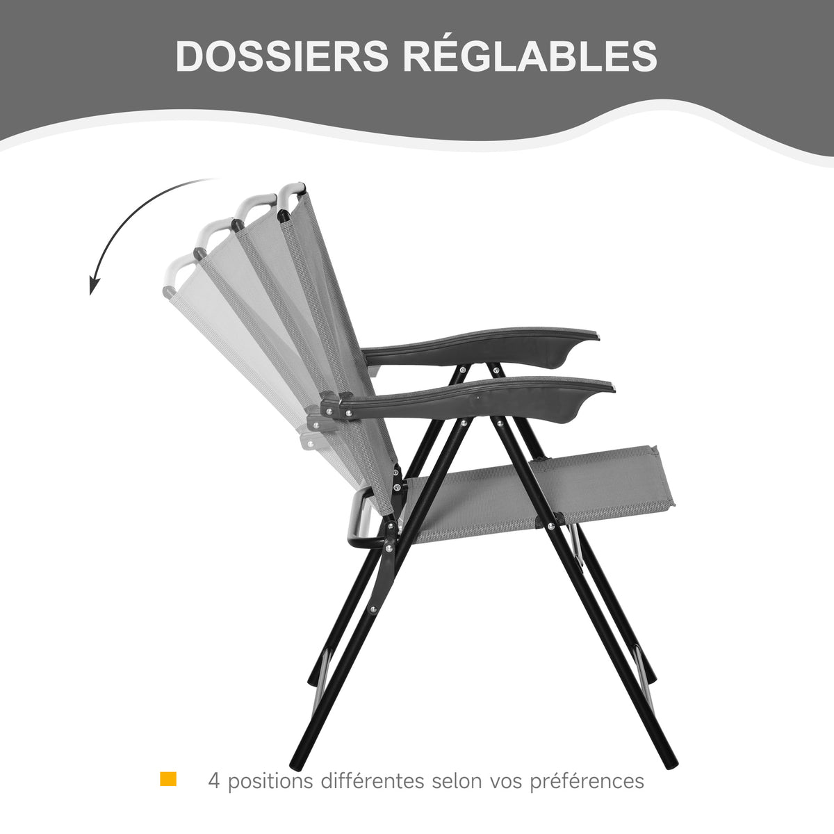 Ensemble de jardin 3 pièces 2 chaises inclinables multi-positions pliables table ronde verre trempé métal textilène gris-3