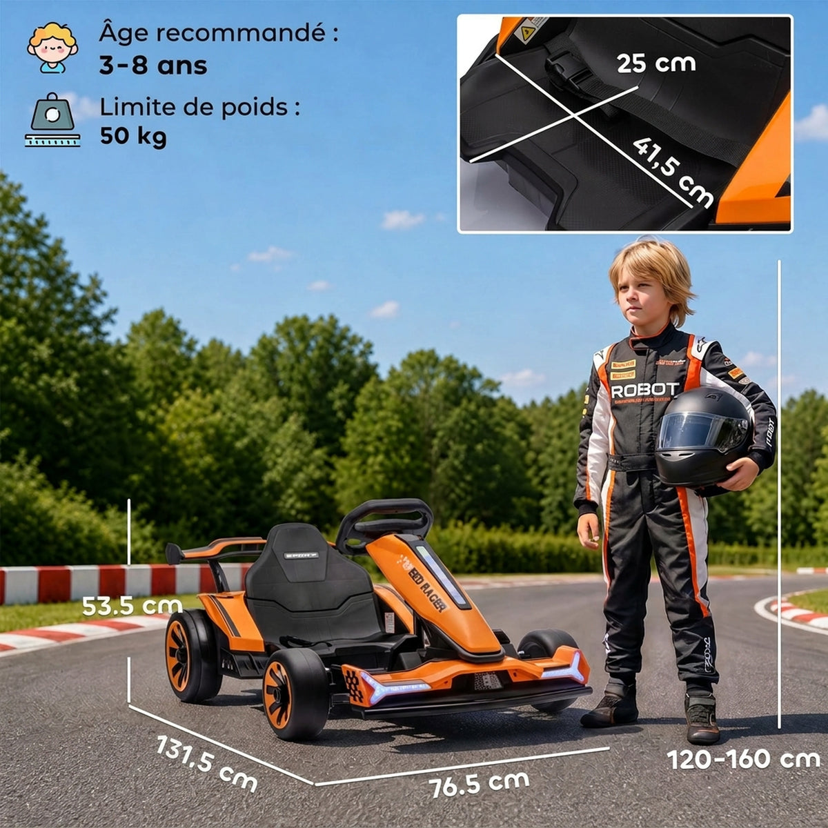 Kart Électrique pour Enfants 12 V, Go Kart, 2 Moteurs, Siège Réglable, Batterie au Lithium, Démarrage Progressif, Orange-2