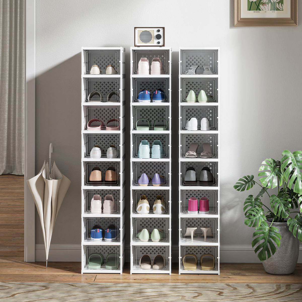 Lot de 8 boîtes à chaussures pliables en plastique empilables avec couvercles, pour pointure jusqu'à 43, blanc-6