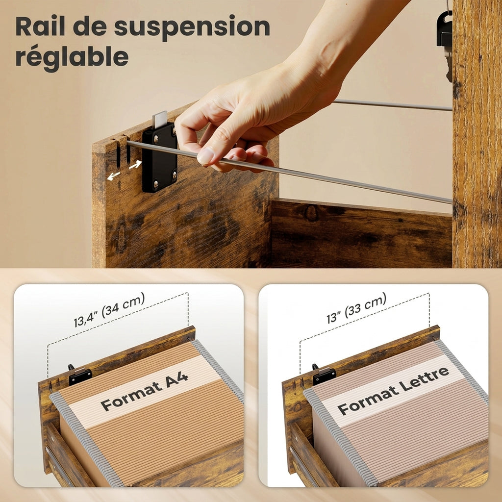Caisson de Bureau Mobile avec 3 Tiroirs Verrouillables, Caisson de Rangement sur Roulettes, 40 x 40 x 69,5 cm, Marron-4