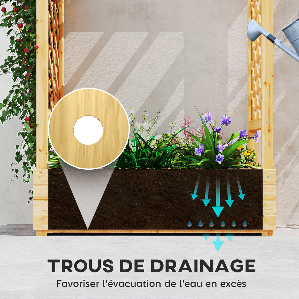 Jardinière surélevée avec treillis latéral et supérieur, bac à fleurs trous de drainage, 110x44x113cm, bois naturel-5