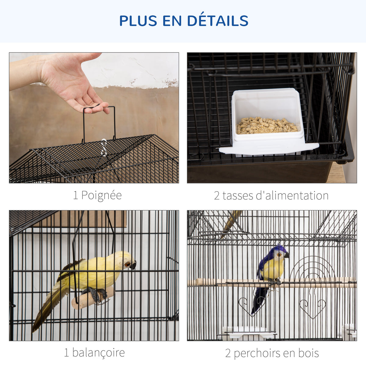 Cage à oiseaux design maison mangeoires perchoirs 3 portes plateau excrément amovible + poignée transport 50,5 x 41 x 63 cm noir-3