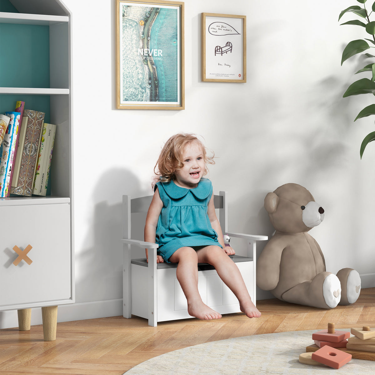 Coffre à jouets pour enfants 2 en 1 et banc avec dossier et accoudoirs - vérin pneumatique 68,5L x 34l x 58H cm-1