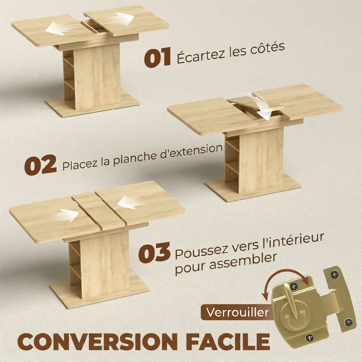 Table à manger extensible rectangle pour 4 à 6 personnes, table de cuisine 110-130 cm, 6 étagères ouvertes, bois naturel-4