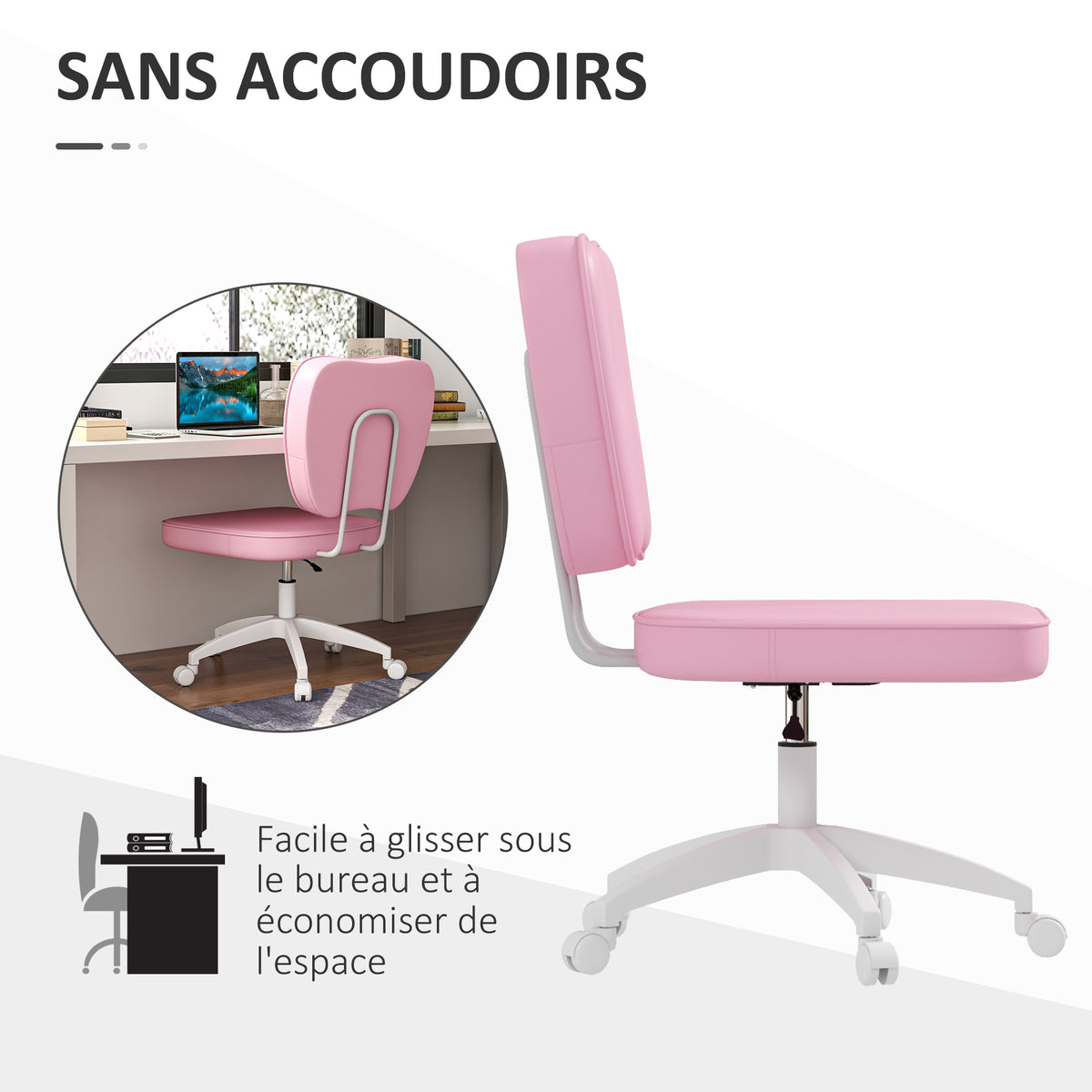 Chaise de bureau sans accoudoirs, fauteuil de bureau, hauteur réglable, pivotant 360°, 46 x 59 x 82-92 cm, rose-4