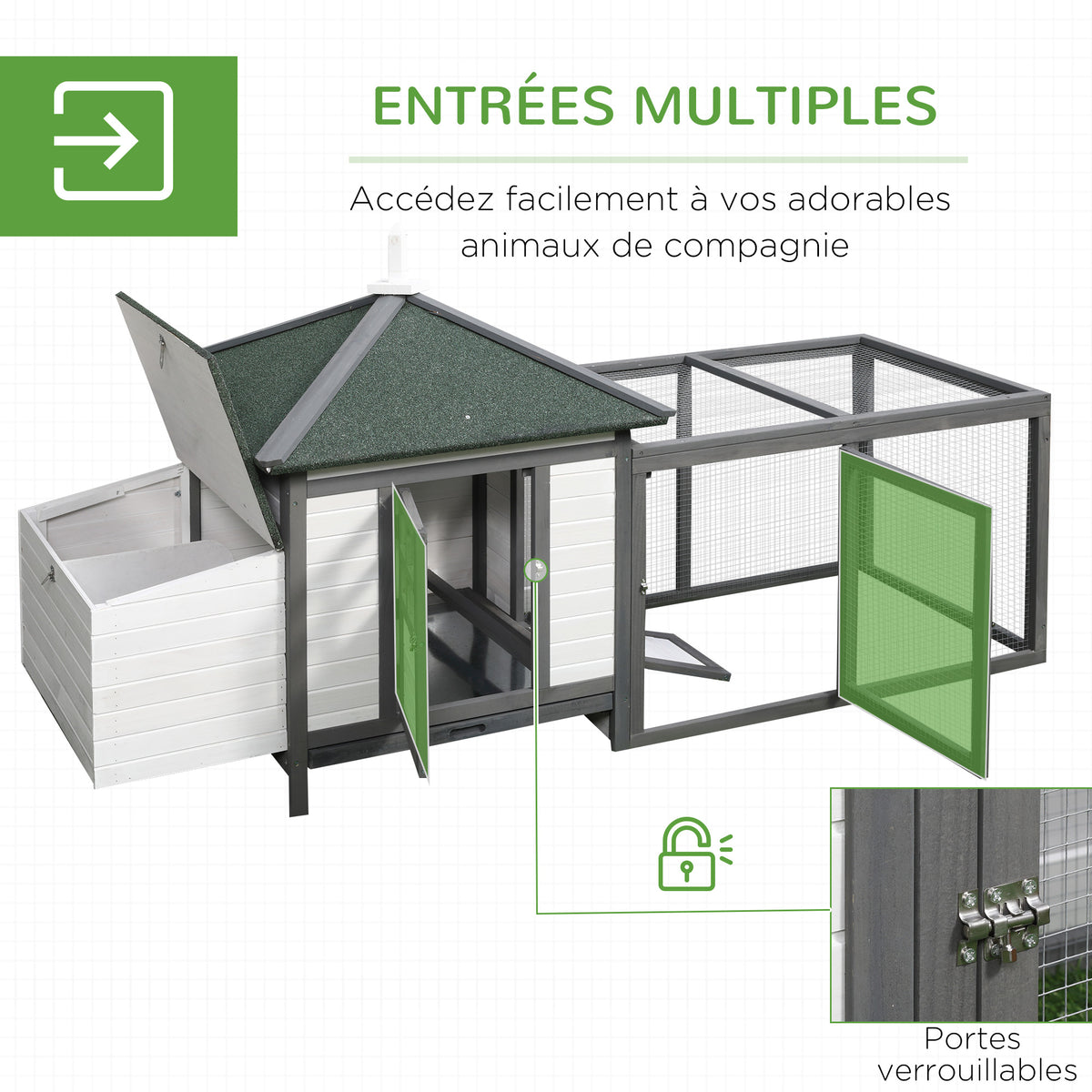 Poulailler cottage multi-équipement perchoir rampe pondoir enclos tiroir à déjection 196L x 76l x 97H cm bois massif pin gris blanc-4
