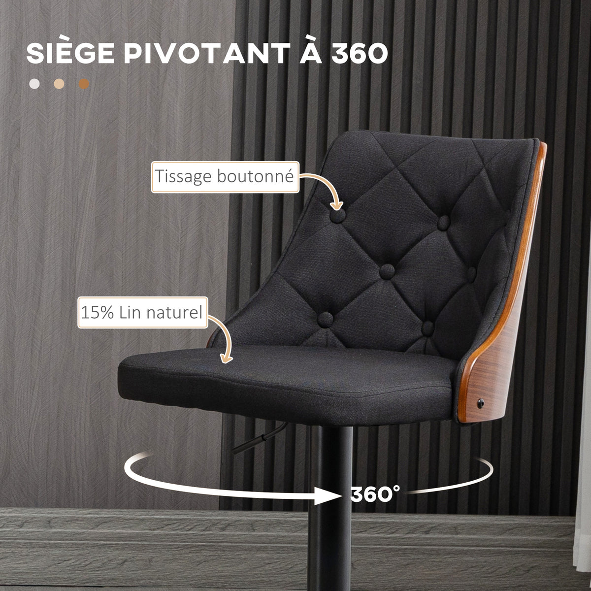 Lot de 2 tabourets de bar réglable en hauteur rotatif sur 360° avec repose-pieds, tissu capitonné-3