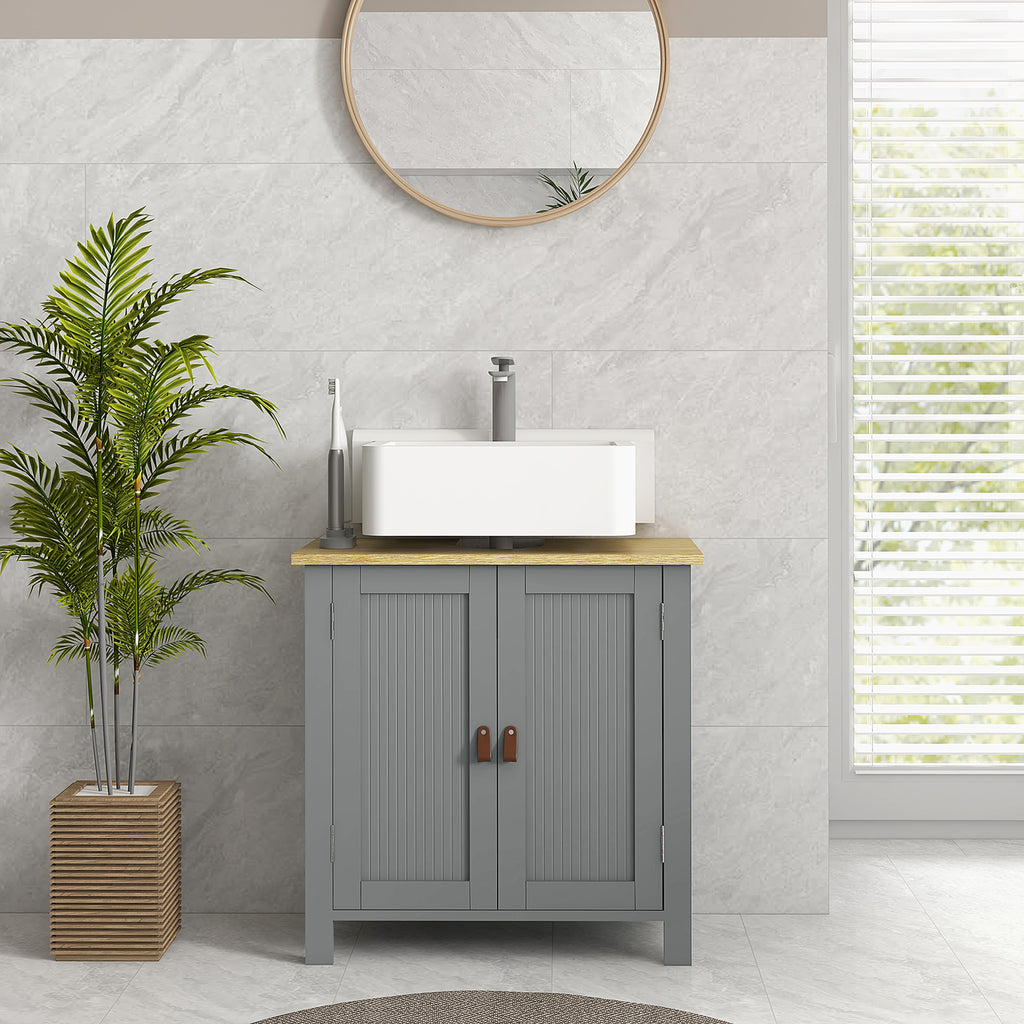Meuble sous lavabo 2 portes étagère réglable 2 étages à l'intérieure poignées en PU 60 x 30 x 60 cm gris-9