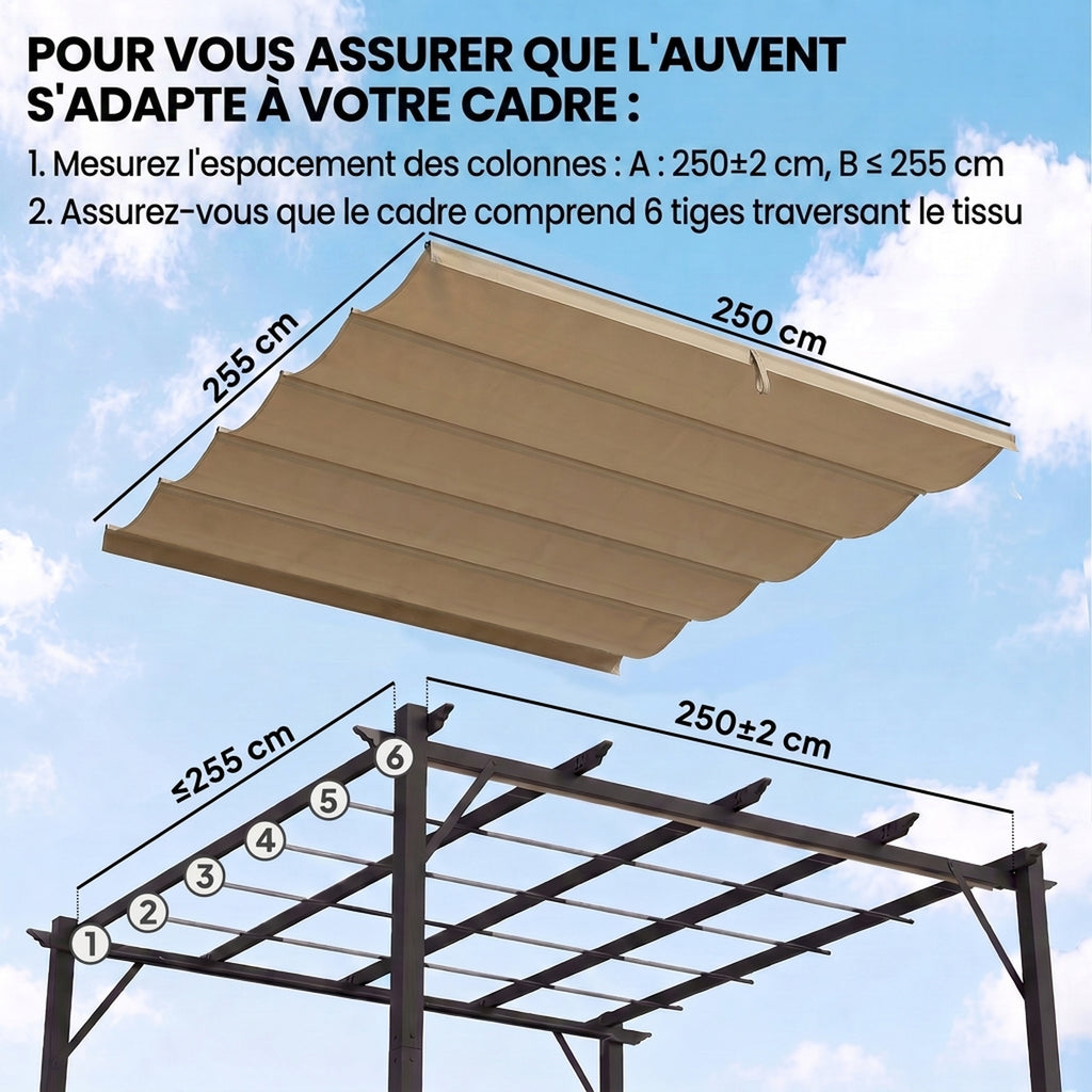 Toile de Toit pour Pergola Tonnelle Rétractable de 3 x 3 m - Toile Uniquement 250 x 255 cm, Ecru-3