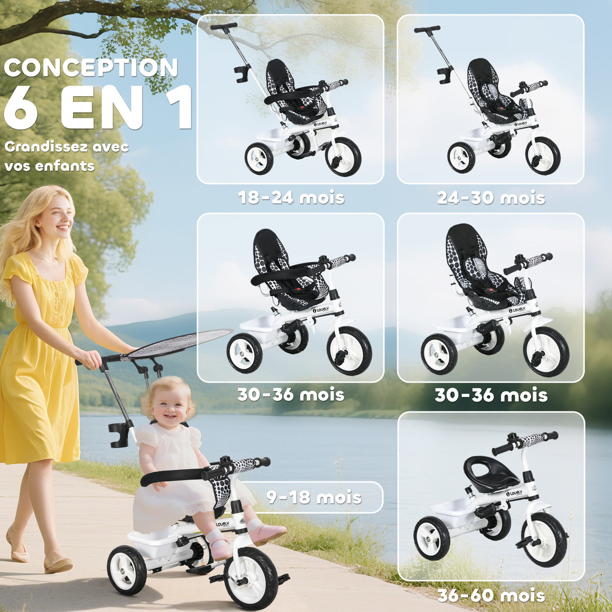 Tricycle Enfants Pare-Soleil Pliable Canne Amovible Benne Rangement 105 x 47 x 98 cm Acier Blanc et Noir-3