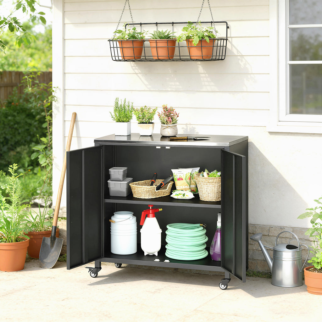 Armoire de jardin en Métal, Armoire de Rangement Extérieur, Toit en Acier Inoxydable et Roulettes, Noir-8