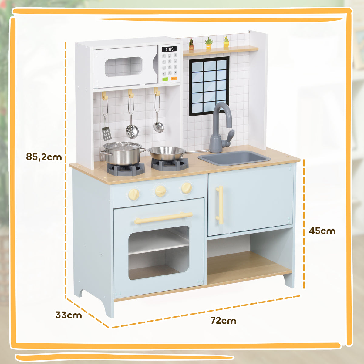 Cuisine enfant cuisine en bois enfant avec micro-ondes cuisinière pour enfants 3+ ans 72 x 33 x 85,2 cm bleu-2