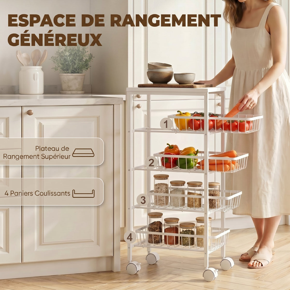 Chariot de rangement à 4 niveaux, desserte à roulettes avec paniers amovibles, cadre en métal, blanc-3