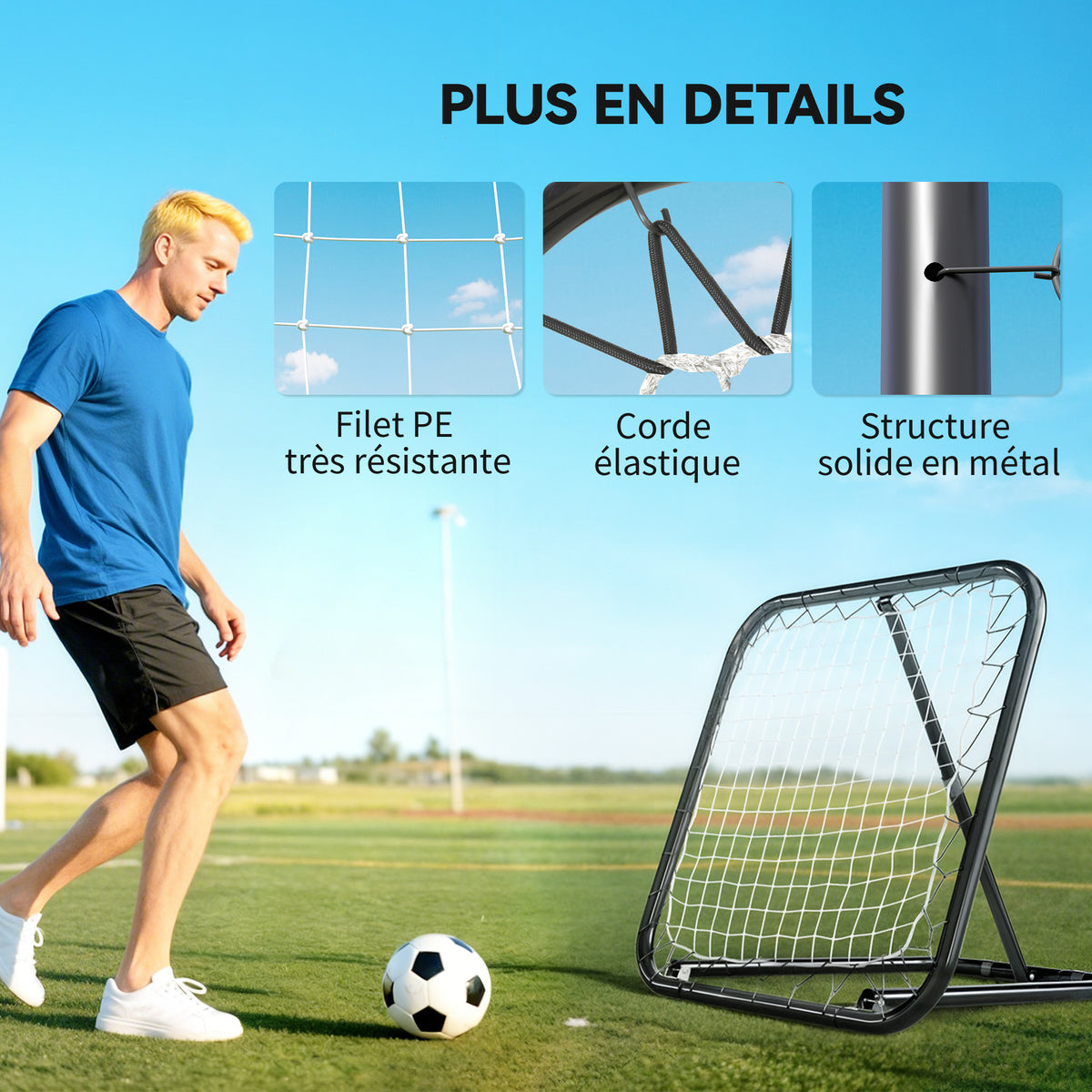 Filet de rebond de football rebondisseur de football ajustable pliable portable 4 piquets de fixations au sol filet de PE noir blanc 78 x 84 x 78 cm-3