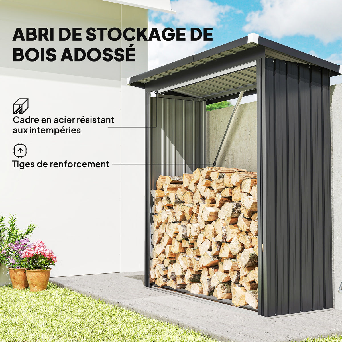 Abri-bûches couvert support pour bois de chauffage plancher surélevé toit incliné, acier galvanisé 150x66,5x150cm gris-3
