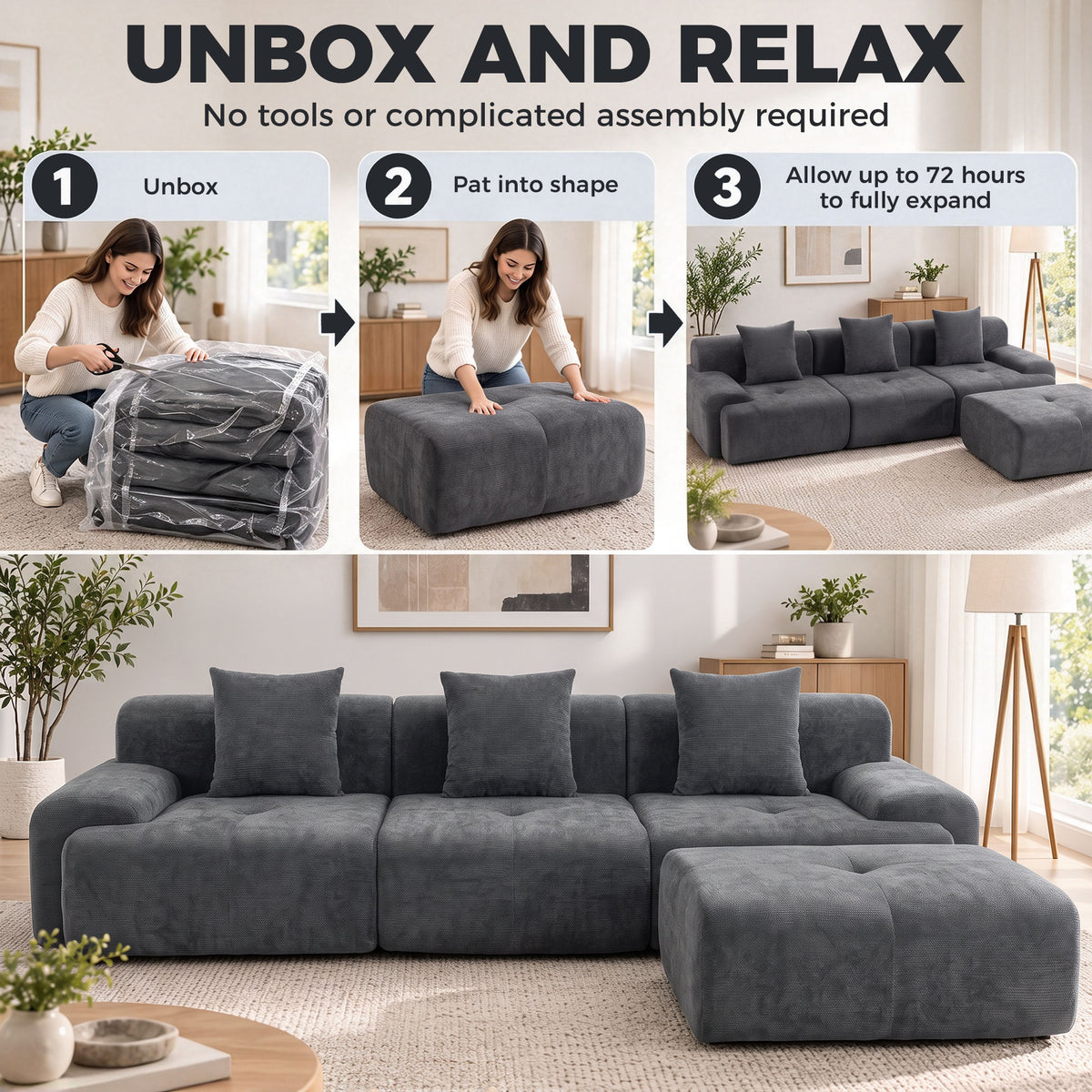 Canapé d'Angle Modulable 3 Places avec Pouf en Chenille, Canapé Compressé 300 cm avec Assise Profonde, 3 Coussins, Gris-3