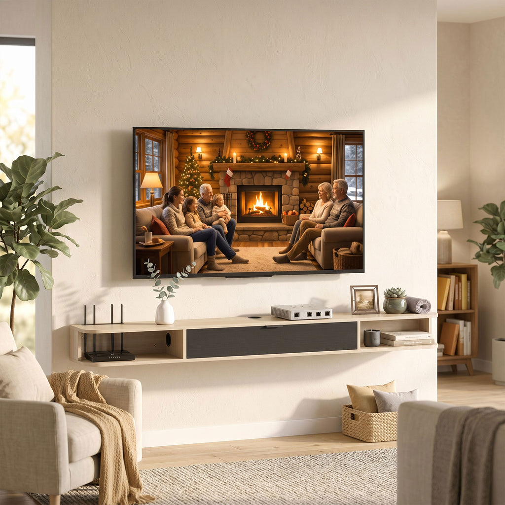 Meuble TV suspendu, meuble télé pour téléviseur jusqu'à 75 pouces, tiroir rabattable 2 étagères 180x24x16cm bois naturel-6