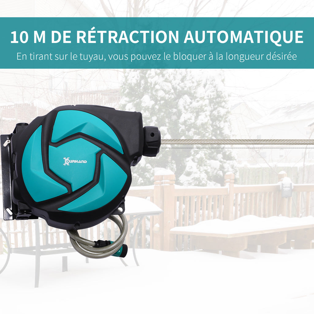 Dévidoir Mural Enrouleur Automatique pivotant 180° Tuyau 10 + 1 m avec Lance arrosage Support Mural intégré Turquoise Noir-5