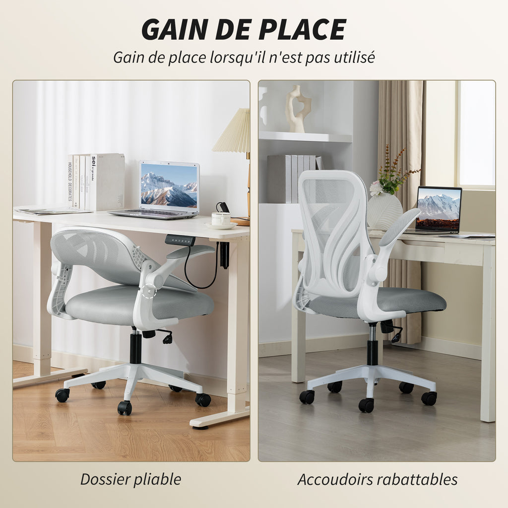Chaise bureau ergonomique, fauteuil de bureau maille, dossier rabattable, accoudoirs relevables, 73x62x101-111cm, gris-5