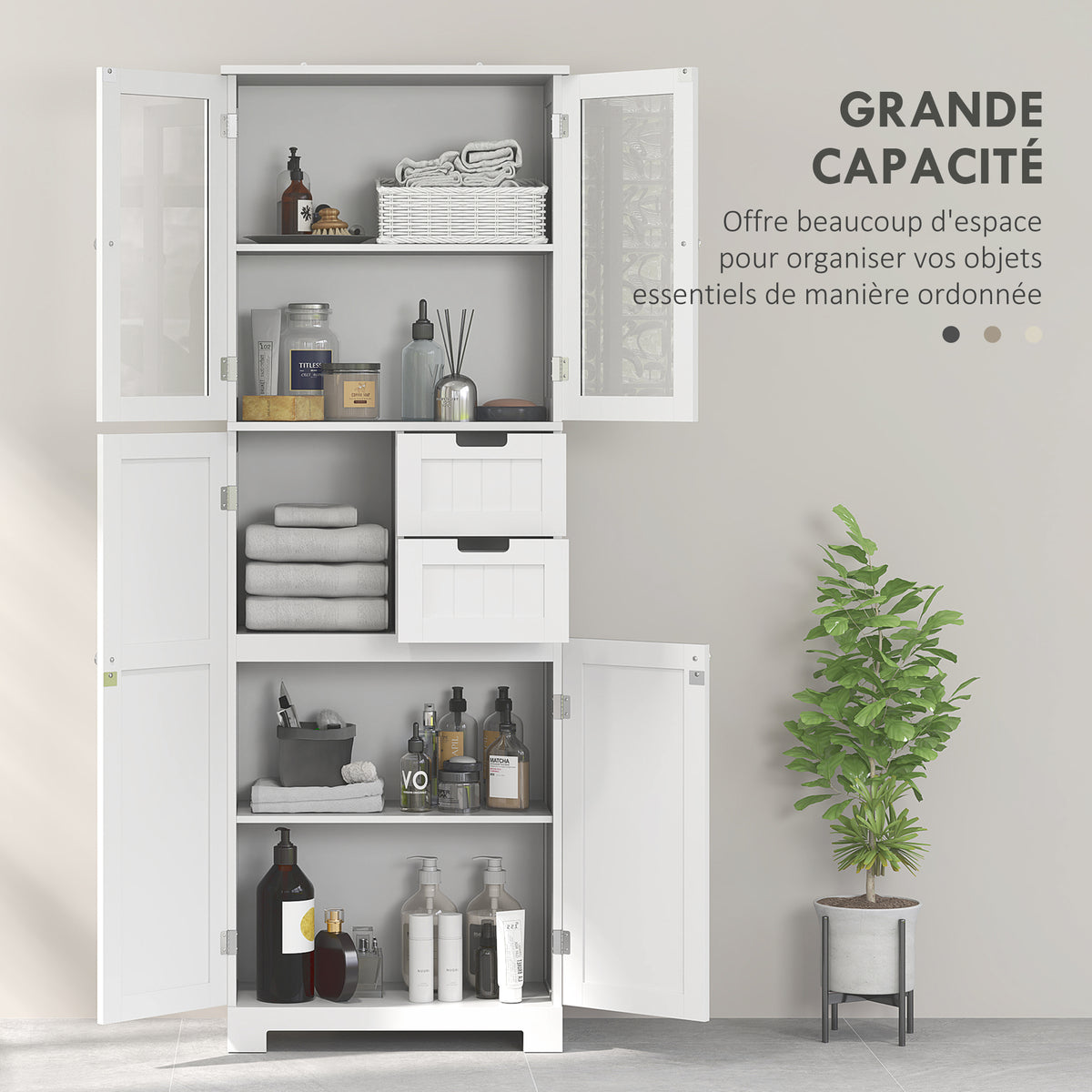 Meuble haut de rangement, armoire avec portes vitrées et étagères réglables pour salle de bain, cuisine, salon, blanc-3