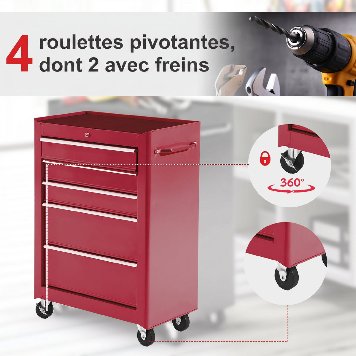 Chariot à outils sur roulettes, Servante d'atelier en acier 5 tiroirs verrouillable 2 clés, 61,5 x 33 x 82,5 cm, rouge-4
