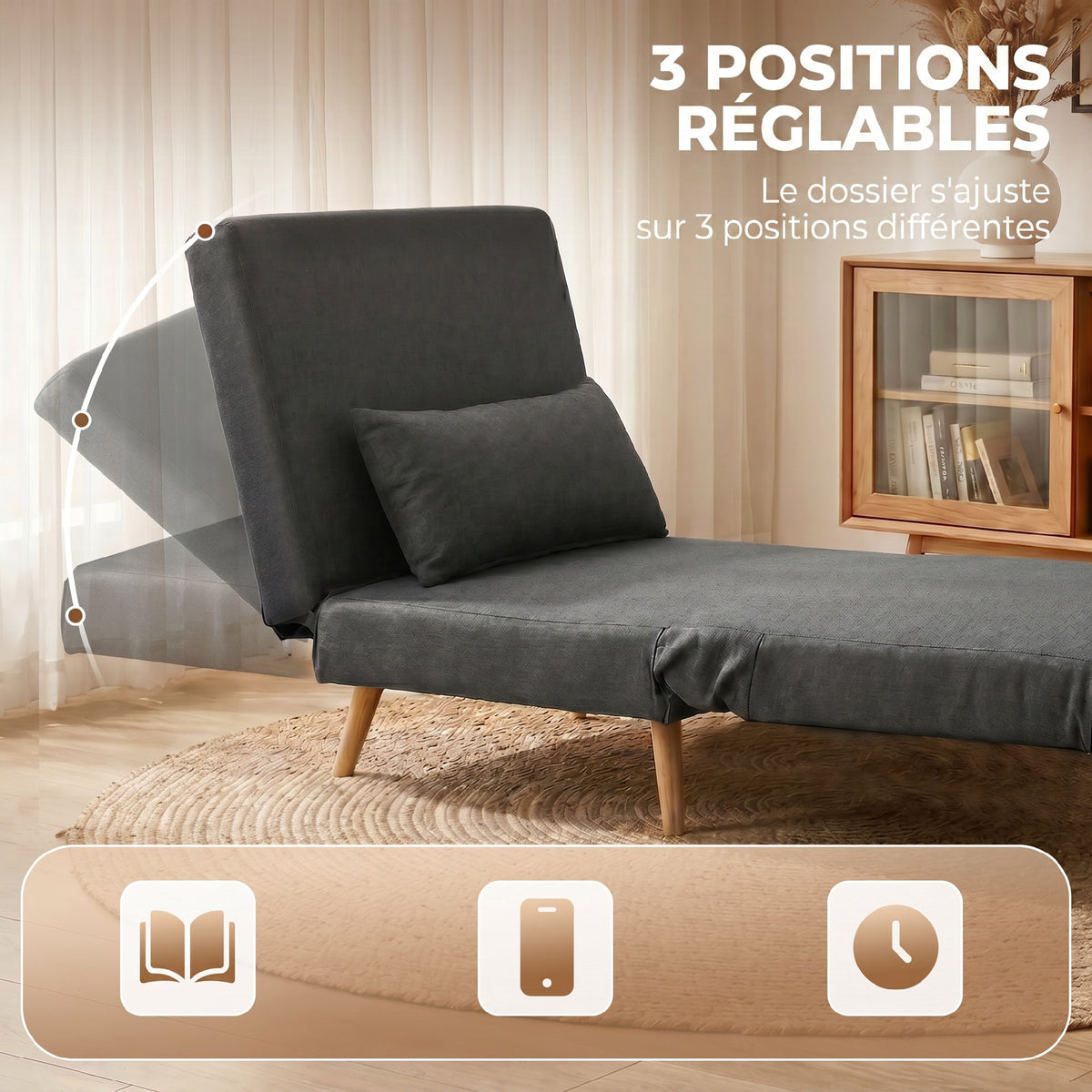 Canapé-lit 1 place avec dossier réglable, coussin inclus et pieds pliables charge 120 kg gris-4