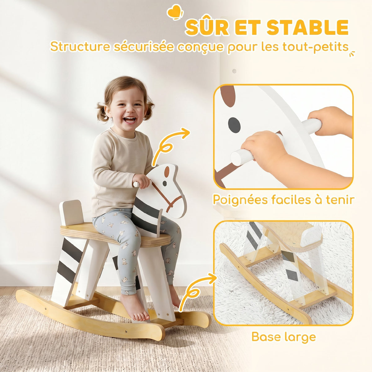 Cheval à Bascule pour Enfant, Jouet à Bascule pour Enfant avec Base en Bois et Dossier, 18 Mois à 3 Ans, Noir et Blanc-4