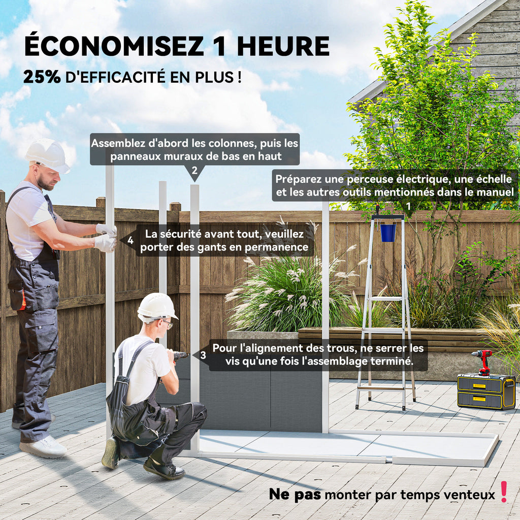 Abri de jardin extérieur 2,4 x 1,3 m, en résine avec plancher, fenêtre, portes verrouillables et aérations, gris-3