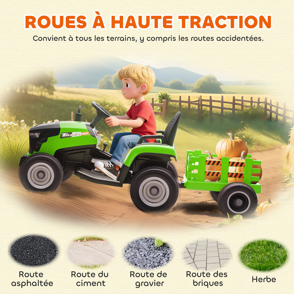 Tracteur électrique enfants avec remorque amovible, voiture électrique enfants, télécommande 2,4G, 139x58x55cm, vert-8
