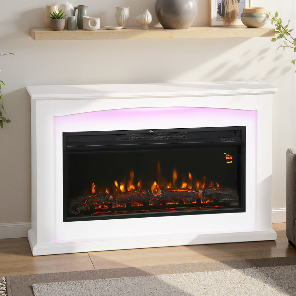 Cheminée électrique 1000W/2000W, fausse cheminée décorative, effet flamme à 5 luminosités réglables, 121x25x77cm, blanc-7
