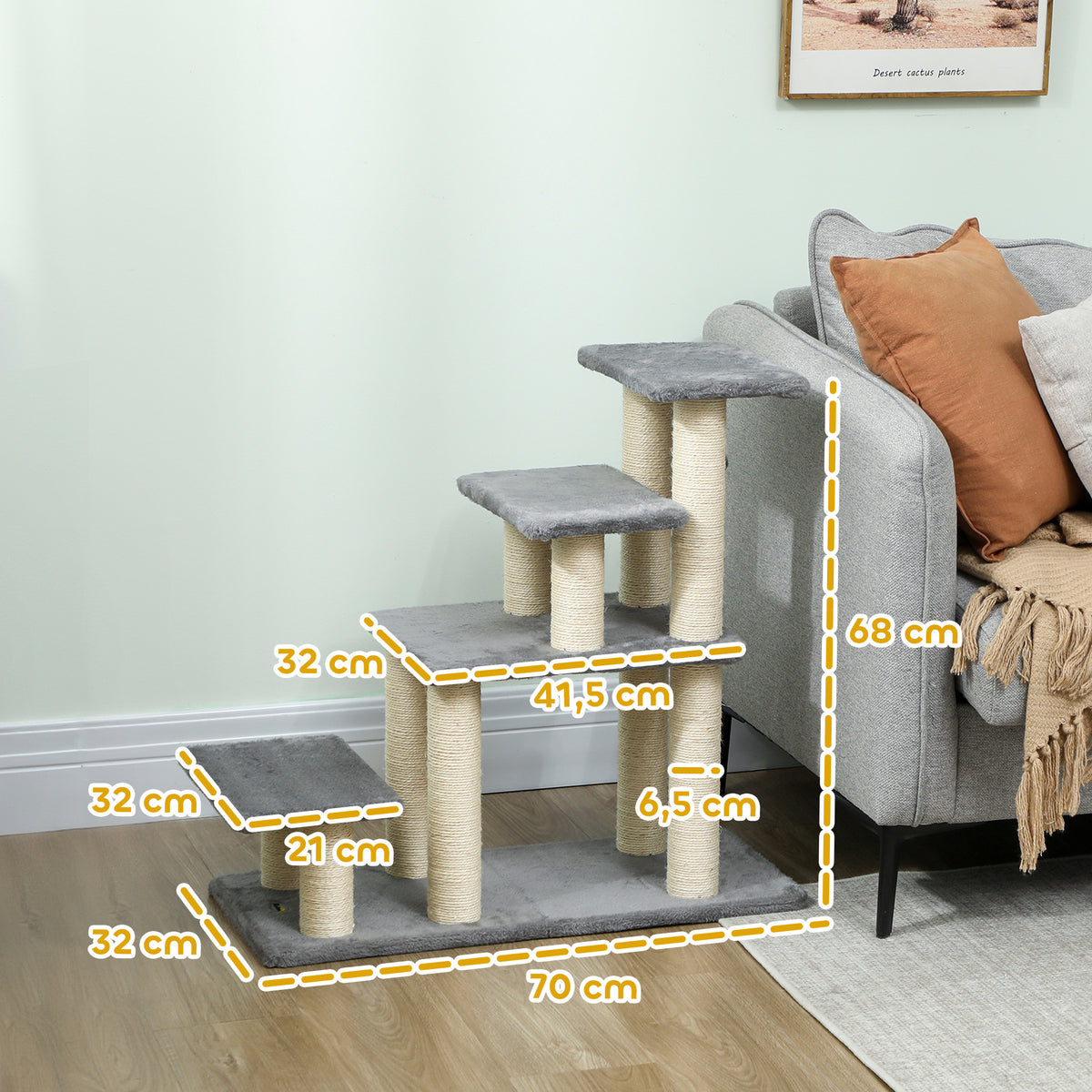 Escalier pour animaux domestiques réglable 3/4 marches échelle pour chat chien griffoirs sisal 70 x 32 x 68 cm gris-2