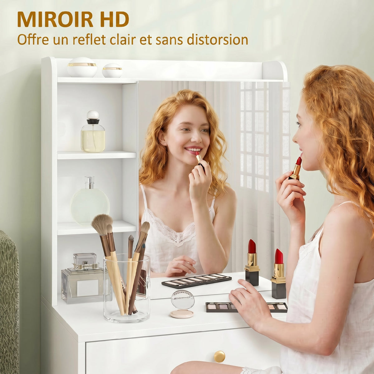 Coiffeuse avec miroir et tabouret de rangement mobile, table de maquillage, tiroirs, placard et étagères ouvertes, blanc-6