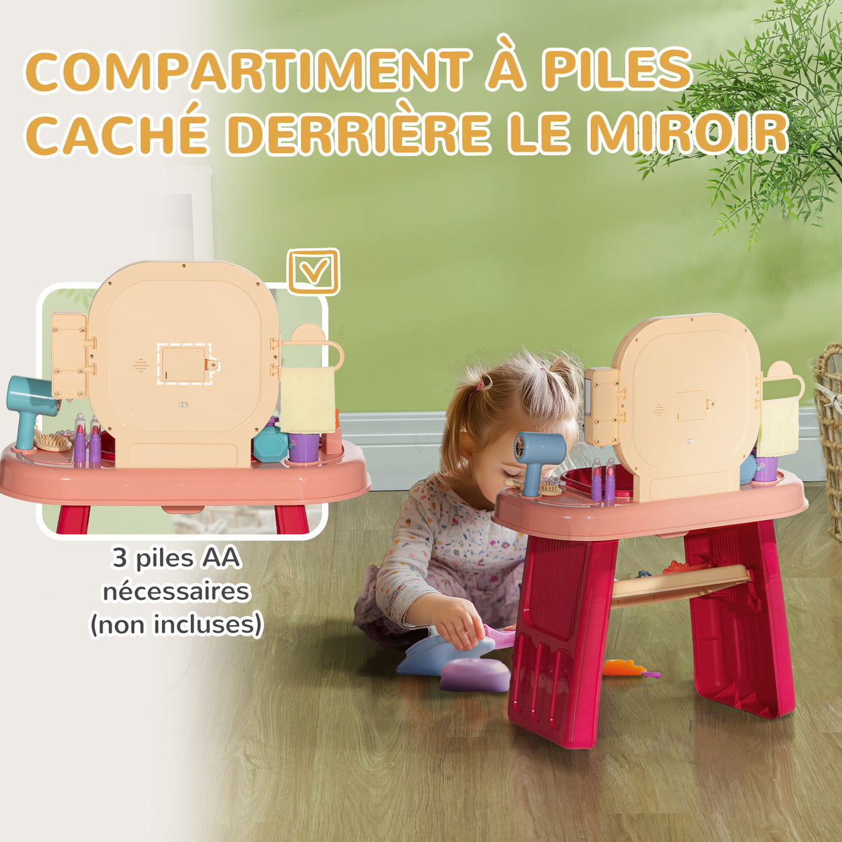 Coiffeuse pour enfants 23 PCS, table de maquillage avec miroir, lumière LED et musique, pour enfants de 3 à 6 ans, rose-6