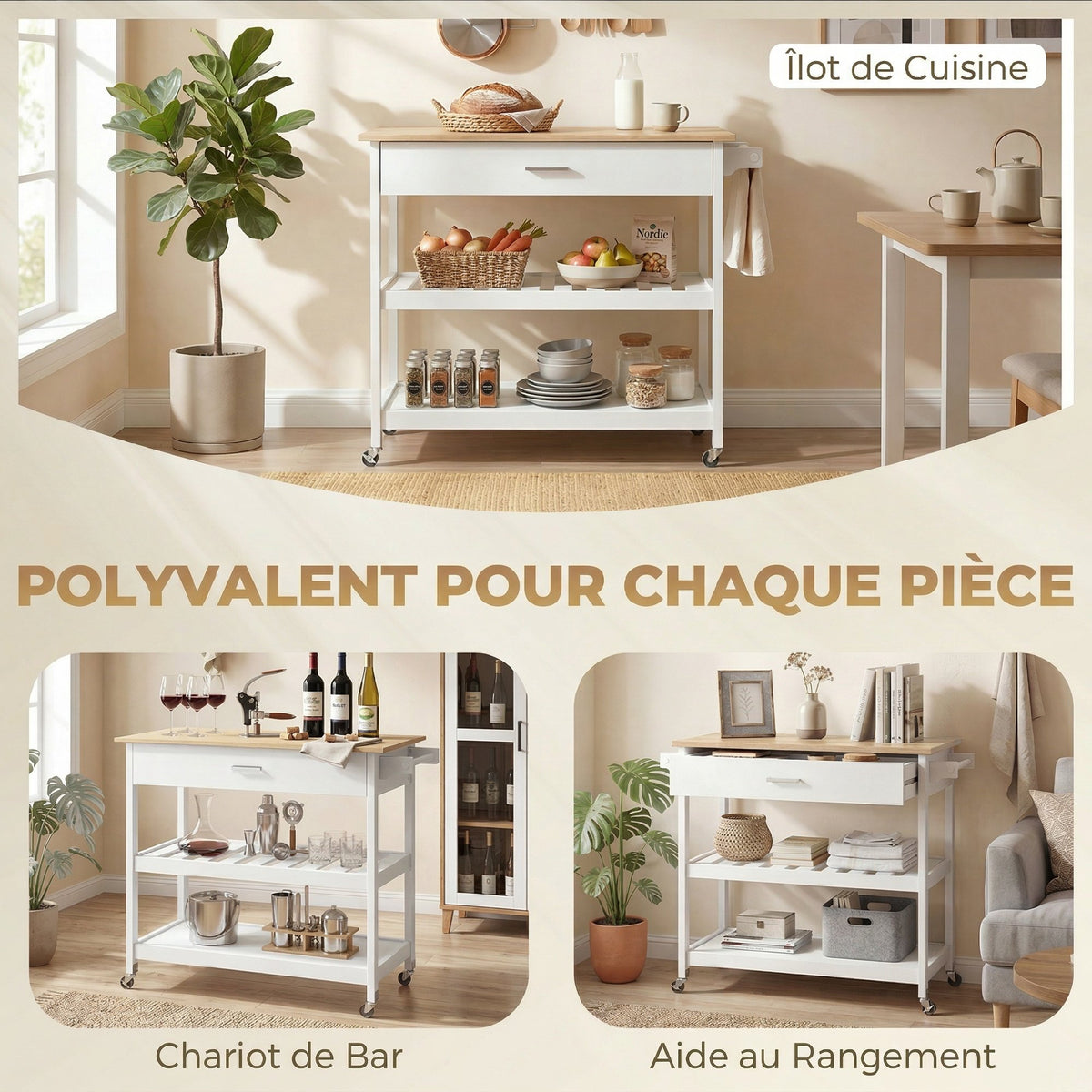 Desserte de cuisine à roulettes, îlot central cuisine avec plan de travail, tiroir, étagères, porte-serviettes, blanc-8
