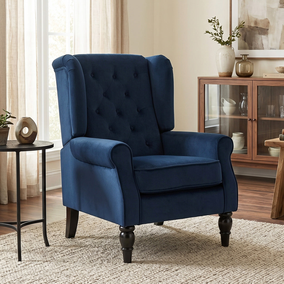 Fauteuil de salon capitonné avec assise large, pieds en bois, style classique, grand confort, 74x86x102cm, bleu foncé-1