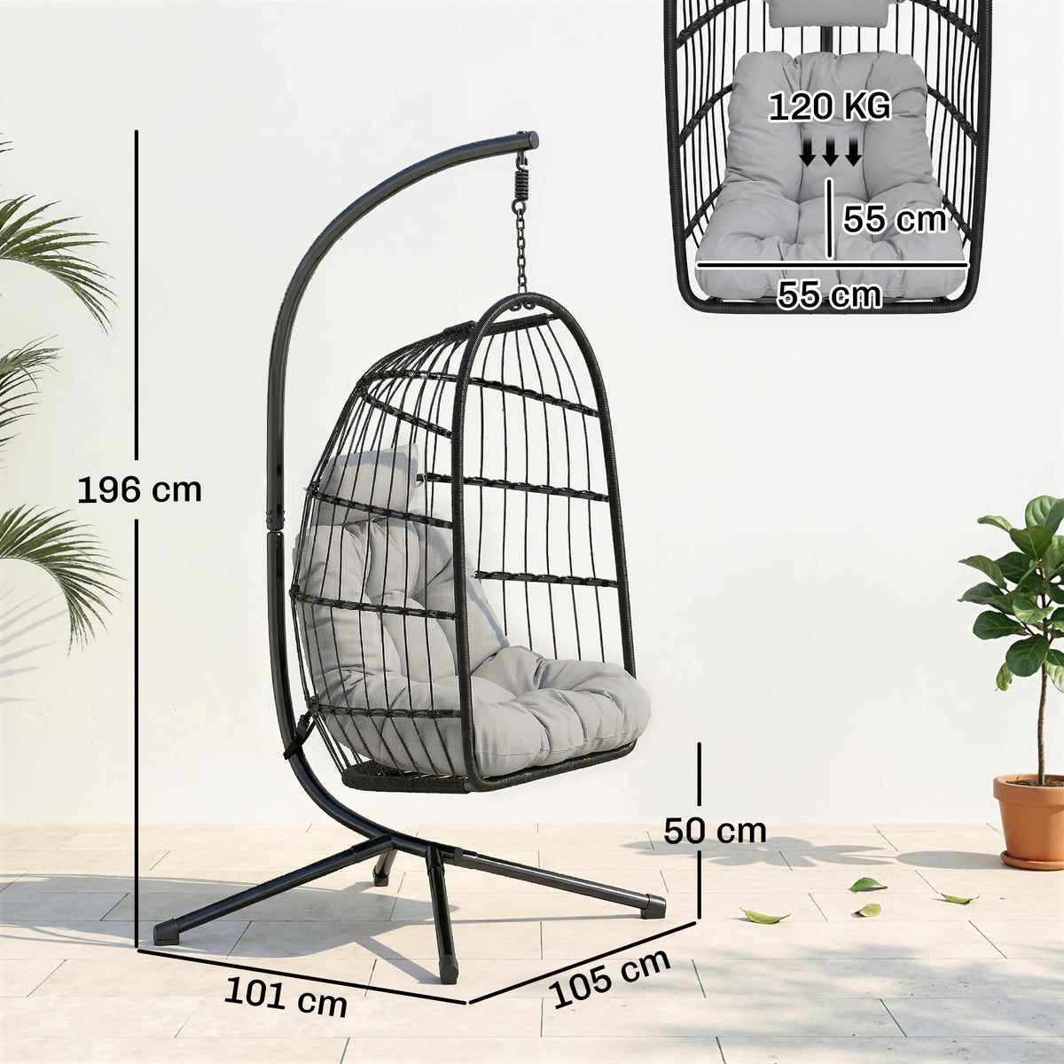 Fauteuil Œuf Suspendu Pliable avec Support Coussin 15cm et Appui-tête Gain de Place Résine Tressée 101x105x196cm Gris-2